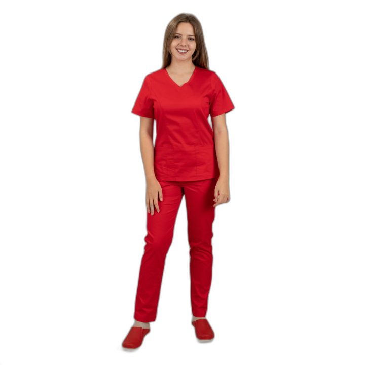 Costum medical dama slim fit Model Mara, rosu– set bluza si pantalon, marimea XXL