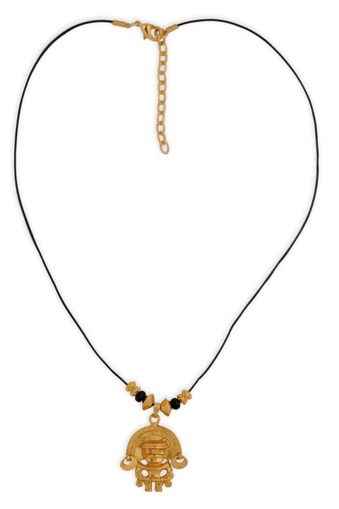 Colier piele cu coralina neagra, separatoare si pandantiv omul jaguar, cultura Tairona, placat cu aur de 24 K, lungime 43 - 48 cm