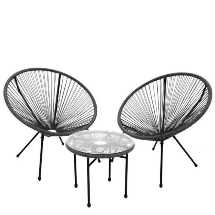 Set mobilier terasa, 2 scaune rotunde si masa cu blat de sticla, metal si ratan artificial, gri, 85x71x85 cm (scaun) 50x44 (masa)