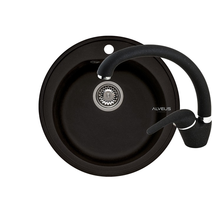 Set chiuveta Alveus Niagara 10 negru si baterie GM 230 negru, material compozit, sifon inclus, fi510mm
