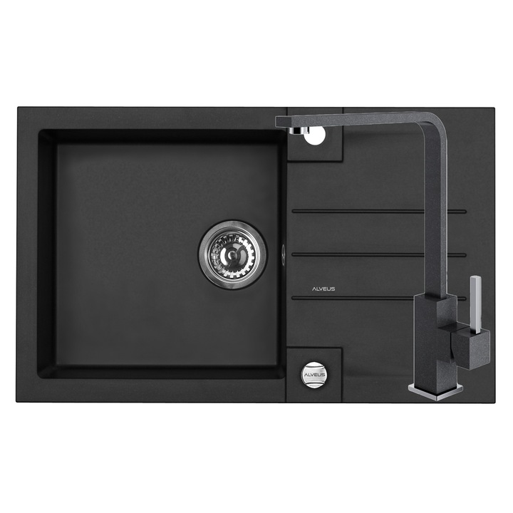 Set chiuveta Alveus Rock 130 negru material compozit, reversibila, sifon pop-up inclus, 780x480x180mm si baterie Jenny negru