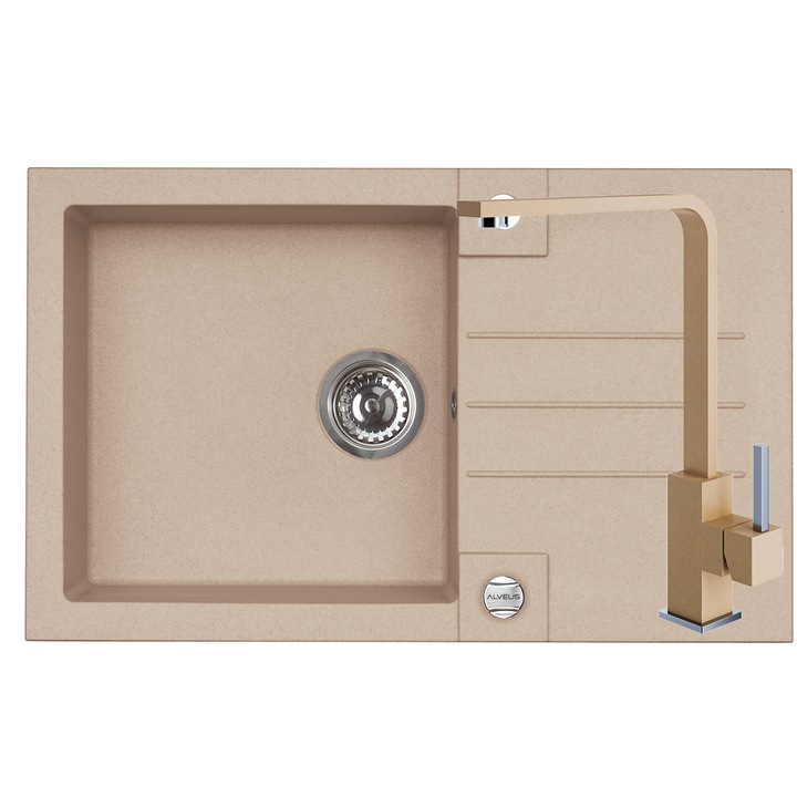 Set chiuveta Alveus Rock 130 bej, material compozit, reversibila, sifon pop-up inclus, 780x480x180mm si baterie Jenny bej