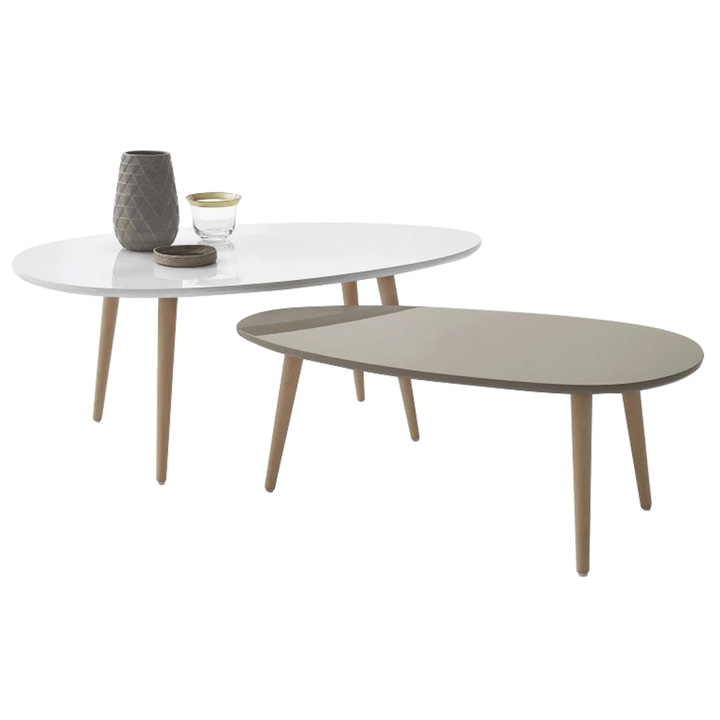 Set 2 masute de cafea DacEnergy©, realizata din MDF si lemn masiv de pin, forma ovala, finisaj alb si gri si natur, 98 x 60 x 40 cm