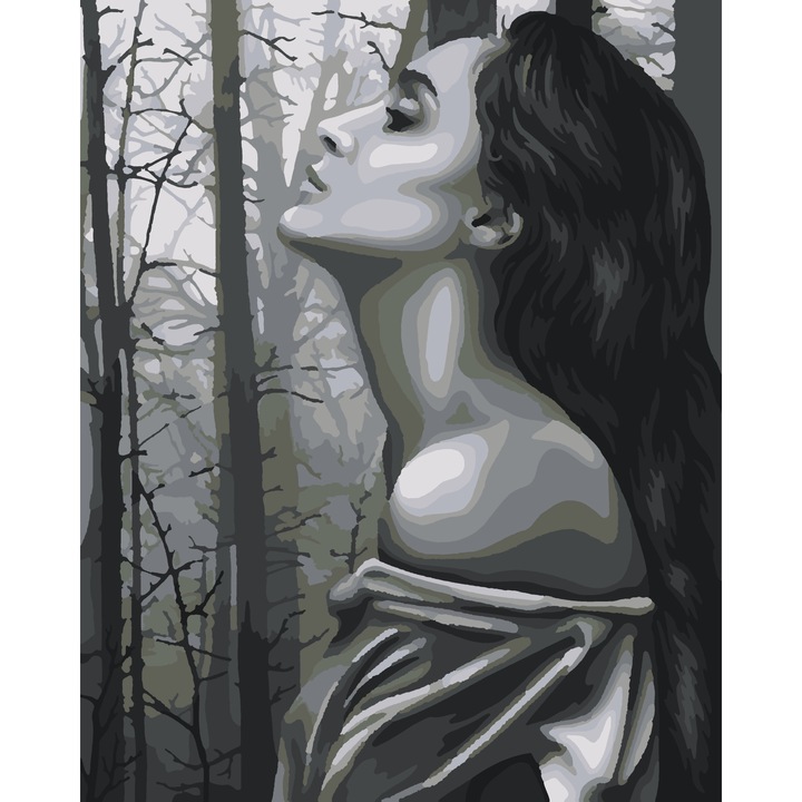 Комплект за рисуване по номера Жена черно и бяло 1334, памучно платно върху дървена рамка, 40х50 см, картина със скица, 3 четки и акрилна боя