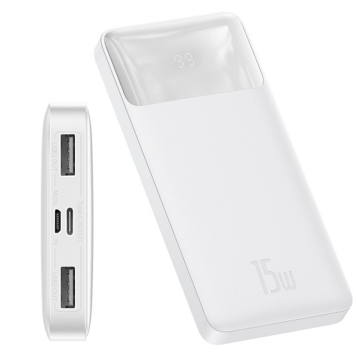 Baseus Bipow powerbank 10000mAh 2x USB / USB тип C / micro USB 15W бял (PPDML-I02)