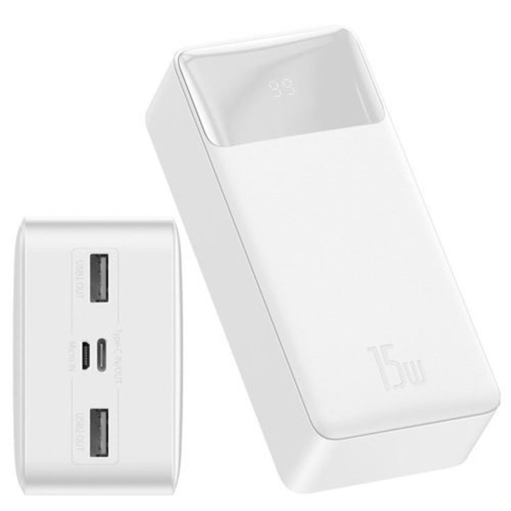 Baseus Bipow powerbank 30000mAh 2x USB / USB Type C / micro USB 15W бял (PPDML-K02)