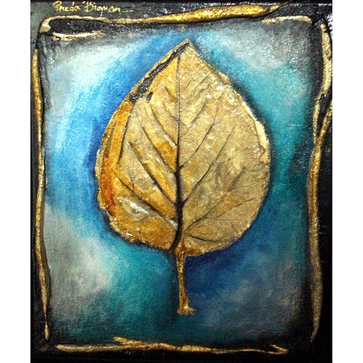 Tablou abstract pictat manual ulei panza tehnica cutit, frunza aurie, fundal turcoaz, Placat cu foita aur 39X31 cm