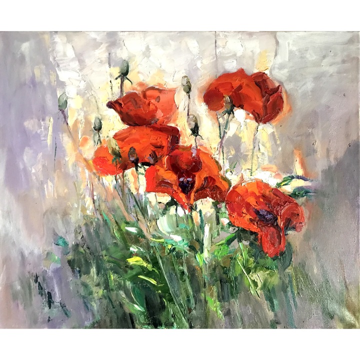 Tablou pictat manual abstract texturat ulei panza flori maci rosii, pictura in cutit cu flori de camp 66X55cm