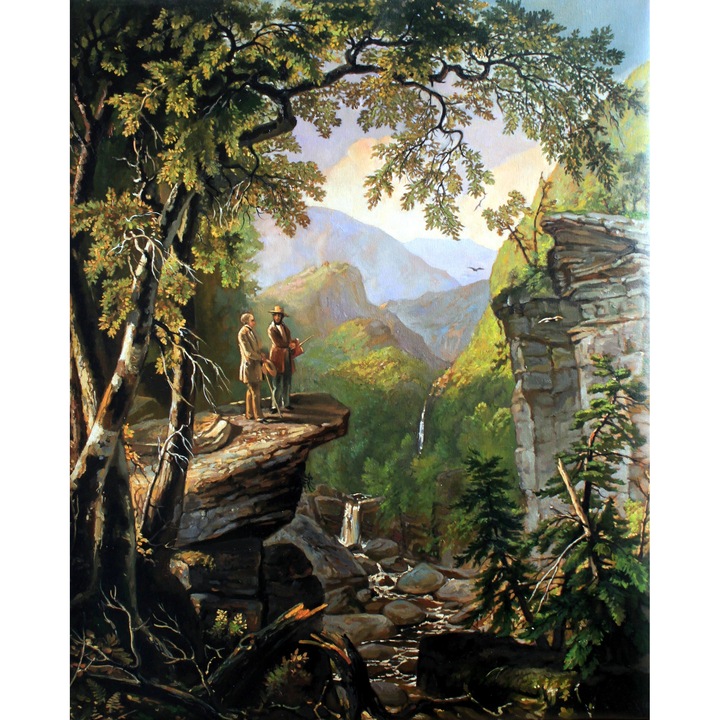 Tablou pictat manual ulei pe panza, Pictura peisaj toamna in padure cu cascada si stanci 54X67cm