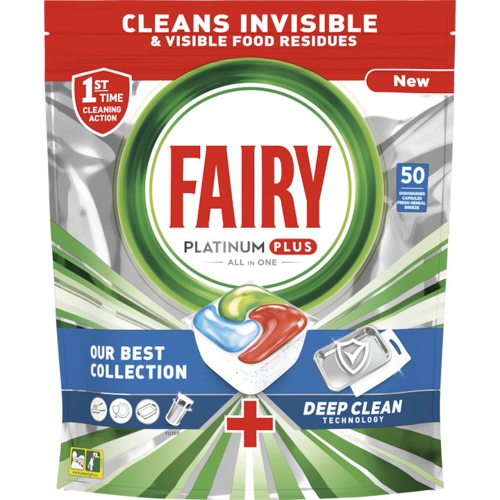 Препарат за съдомиялна Fairy Platinum Plus Deep Clean, 50 броя