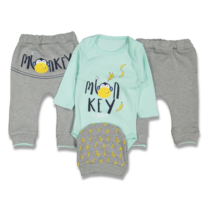 Set compleu copii Monkey, Motat, 3 piese, bumbac/poliester, Turcoaz