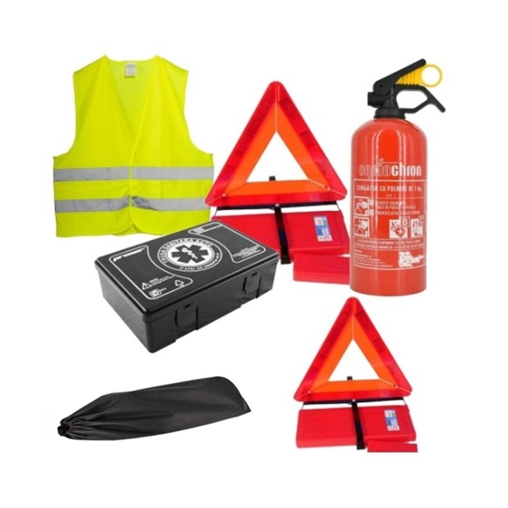 Пълен комплект за пътна безопасност OMC, Метален пожарогасител P1 / медицински комплект / 2 х триъгълник / жилетка / чанта