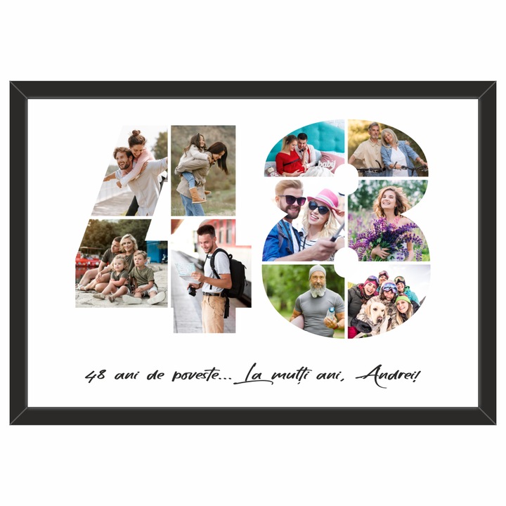 Tablou personalizat, fotografie si text, din lemn, Priti Global, cadou aniversare 48 ani, Negru, A3, 30 x 42 cm