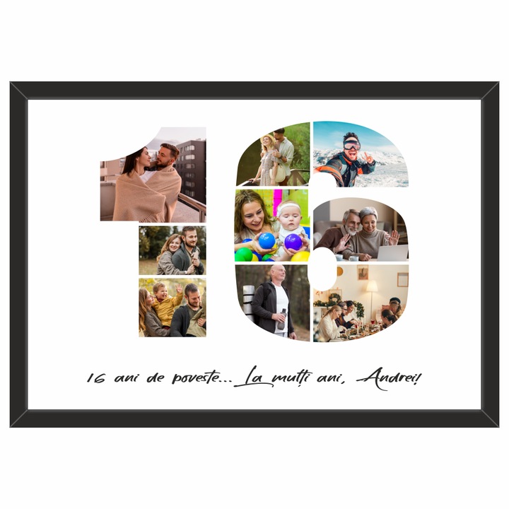 Tablou personalizat, fotografie si text, din lemn, Priti Global, cadou aniversare 16 ani, Negru, A3, 30 x 42 cm
