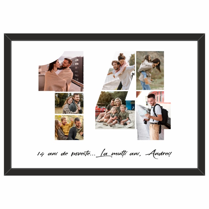 Tablou personalizat, fotografie si text, din lemn, Priti Global, cadou aniversare 14 ani, Negru, A3, 30 x 42 cm