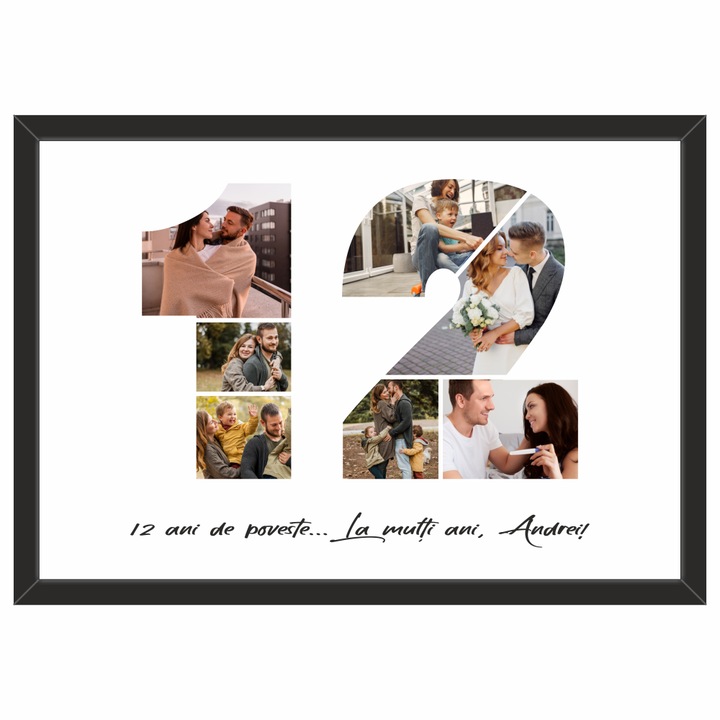 Tablou personalizat, fotografie si text, din lemn, Priti Global, cadou aniversare 12 ani, Negru, A3, 30 x 42 cm