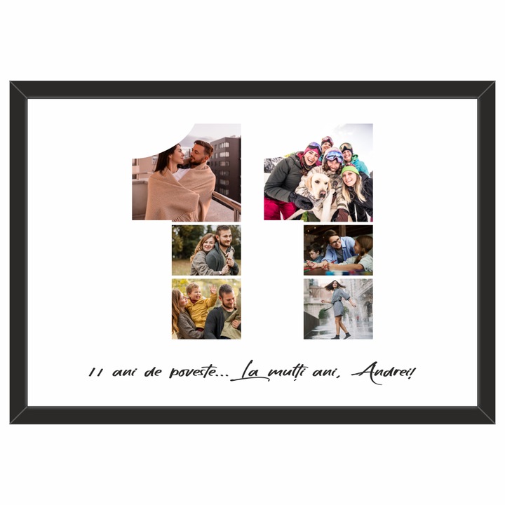 Tablou personalizat, fotografie si text, din lemn, Priti Global, cadou aniversare 11 ani, Negru, A3, 30 x 42 cm
