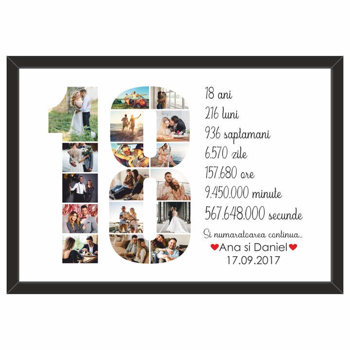 Tablou personalizat cu poze si text, din lemn natural, Priti Global, cadou ziua indragostitilor, aniversare relatie sau casatorie, 18 ani, Negru, A3, 30 x 42 cm