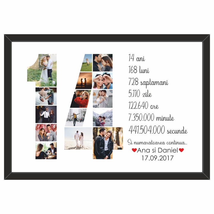 Tablou personalizat cu poze si text, din lemn natural, Priti Global, cadou ziua indragostitilor, aniversare relatie sau casatorie, 14 ani, Negru, A3, 30 x 42 cm
