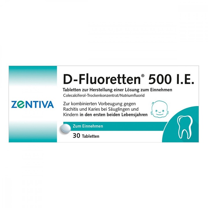 Хранителна добавка Zentiva Fluoretten, Флуорид 0,25 мг, Витамин D3 500 IU, 30 таблетки