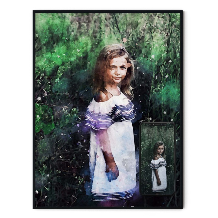 Tablou personalizat cu poza copilului tau, in stil acuarela, cu rama, Intaglio, color, print pe hartie foto Fine Art 30 cm 42 cm