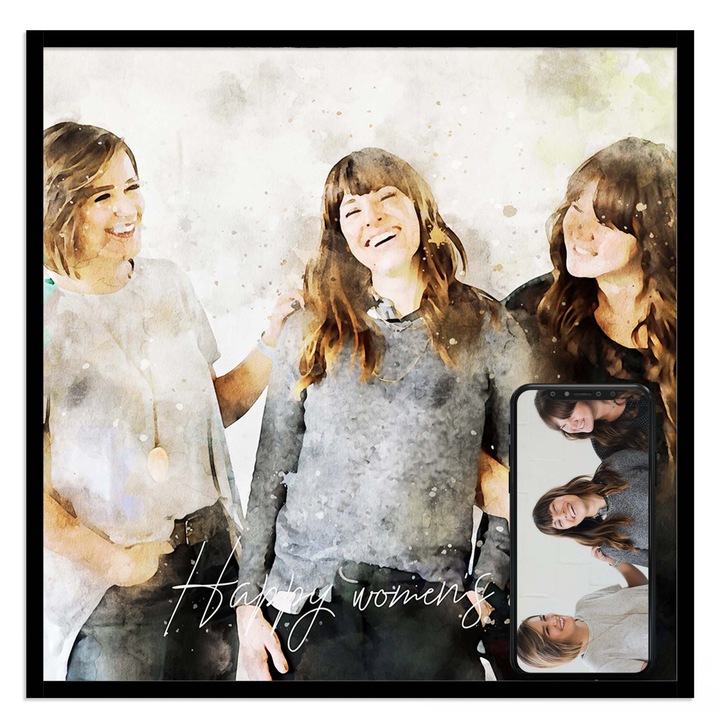 Tablou personalizat cu rama, poza cu prietene si mesaj, in stil acuarela, Intaglio, color, print pe hartie foto Fine Art 30 cm 42 cm
