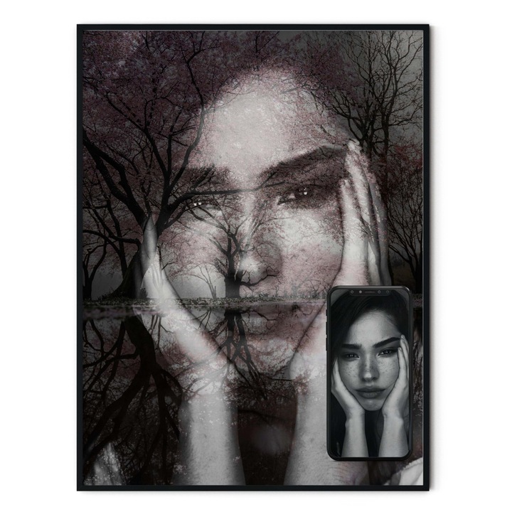 Tablou personalizat cu rama, poza ta in dubla expunere, Intaglio, alb negru, print pe hartie foto Fine Art 50 cm 70 cm