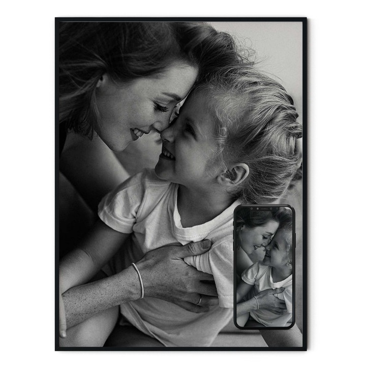Tablou personalizat cu poza ta, Mama & Fiica, alb negru, cu rama, Intaglio, print pe hartie foto Fine Art 50 cm 70 cm