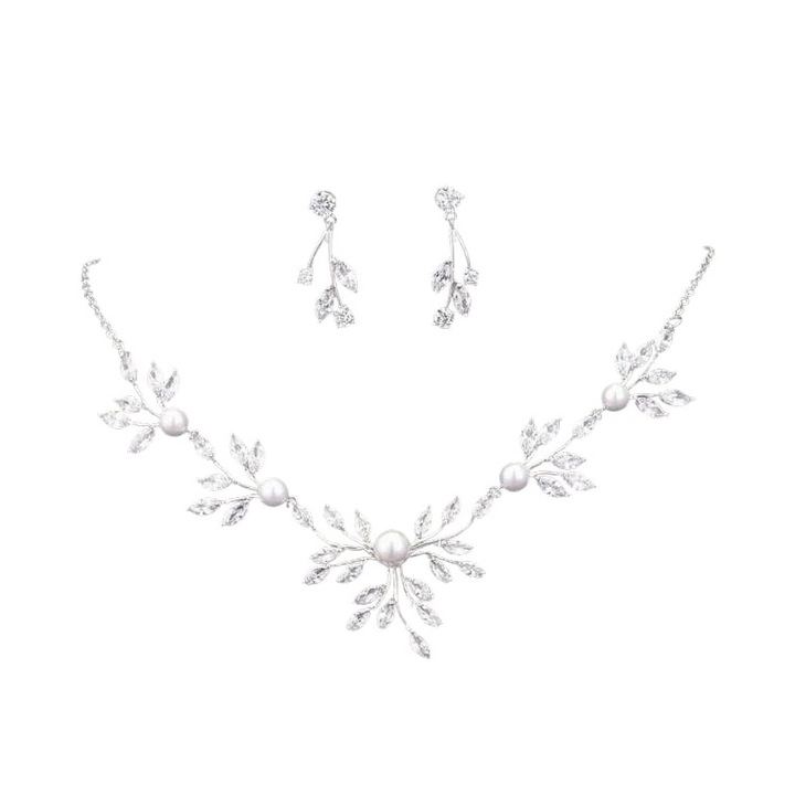 Set bijuterii Amina format din colier si cercei asortati, cu perle si cristale de Zirconiu, Madamme Bijoux