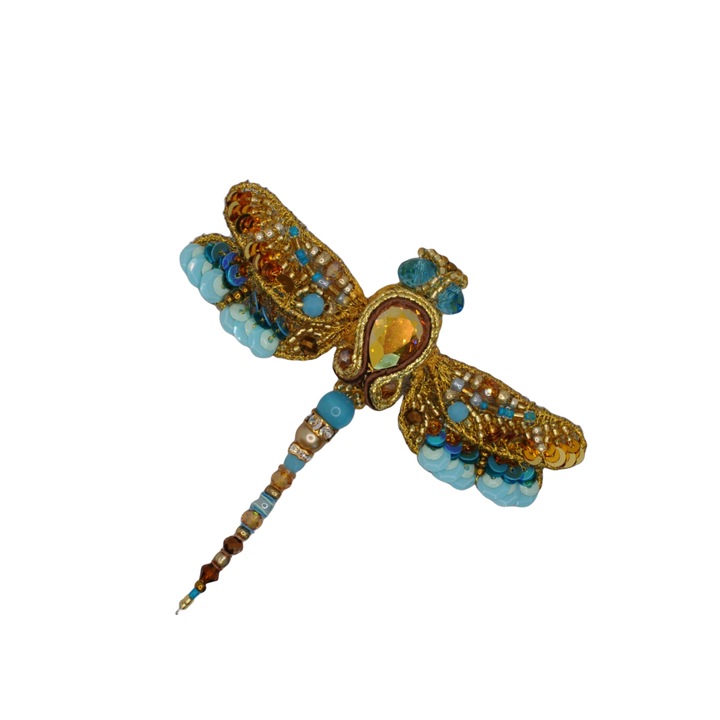 Brosa libelula auriu turcoaz 3D cristale Austria handmade, brosa insecta
