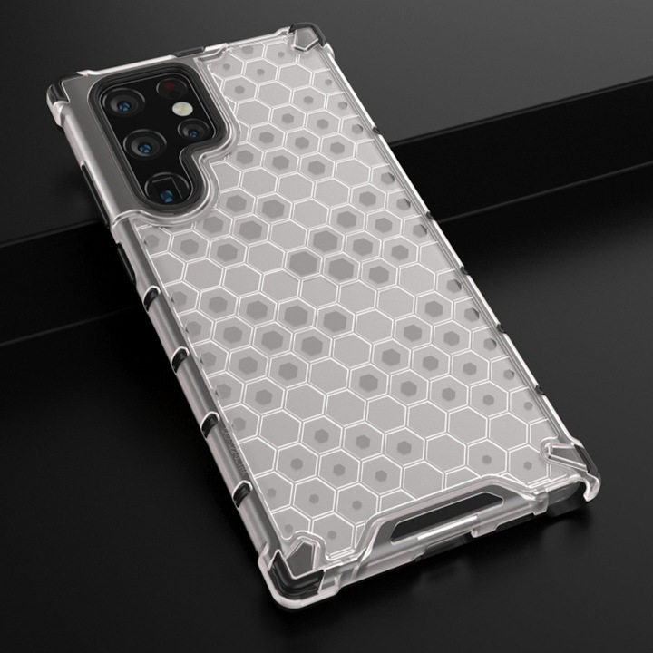 Husa pentru Samsung Galaxy S22 Ultra 5G, Hybrid, Armor Shield, Hexa Gaming Design, Protectie Camera, Optim Tech, Transparent