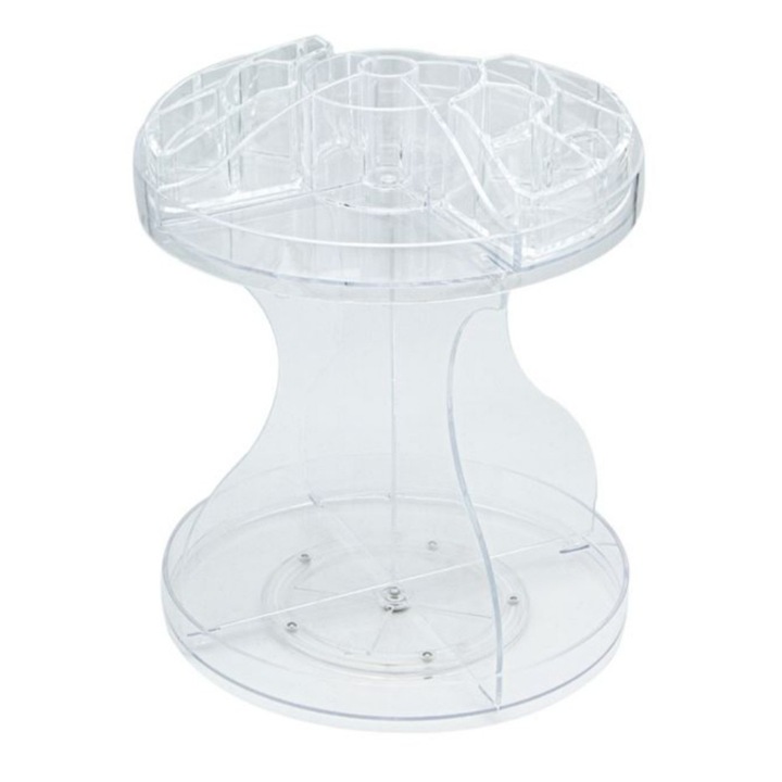 Organizator cosmetic din acril, transparent, rotativ pe doua nivele, 25 x 25cm
