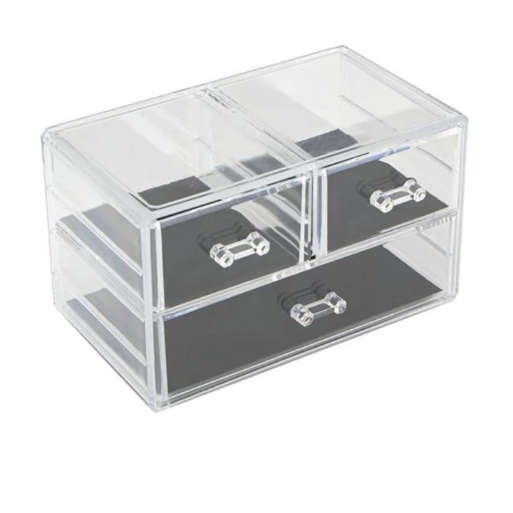 Organizator cosmetice, acril transparent, 3 compartimente, 23,5 x 13,5 x 14 cm