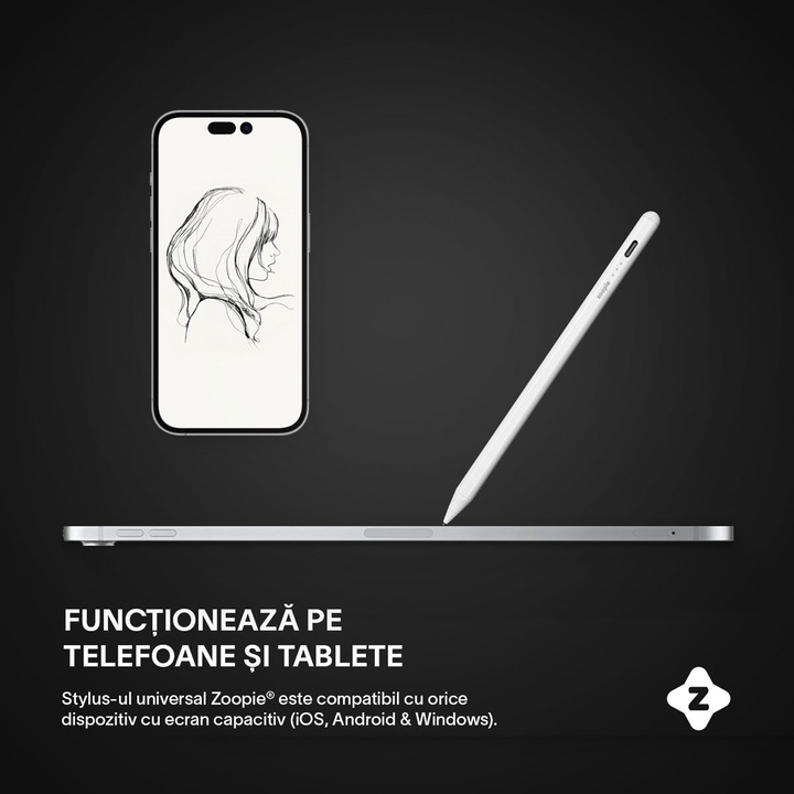Stylus Pen Universal Zoopie®, pentru Tableta, Telefon, iPad 2010-2017, Android si Windows, Pix Tableta Capacitiv, Creion Digital, Touch Pen cu Varf din Cupru, Magnetic, USB-C, Alb