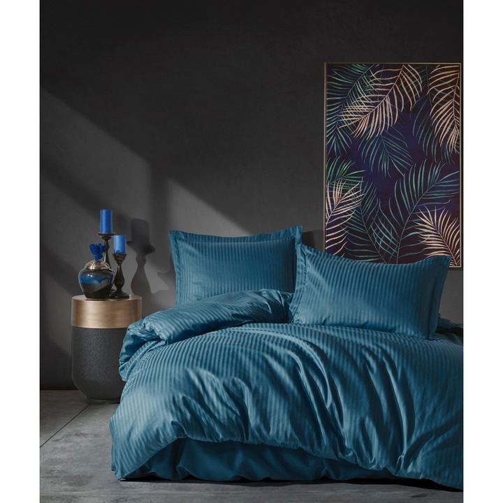 Lenjerie de pat dublu, premium satin de lux, 240 x 260 cm, 4 piese, Cotton Box, Elegant Blue