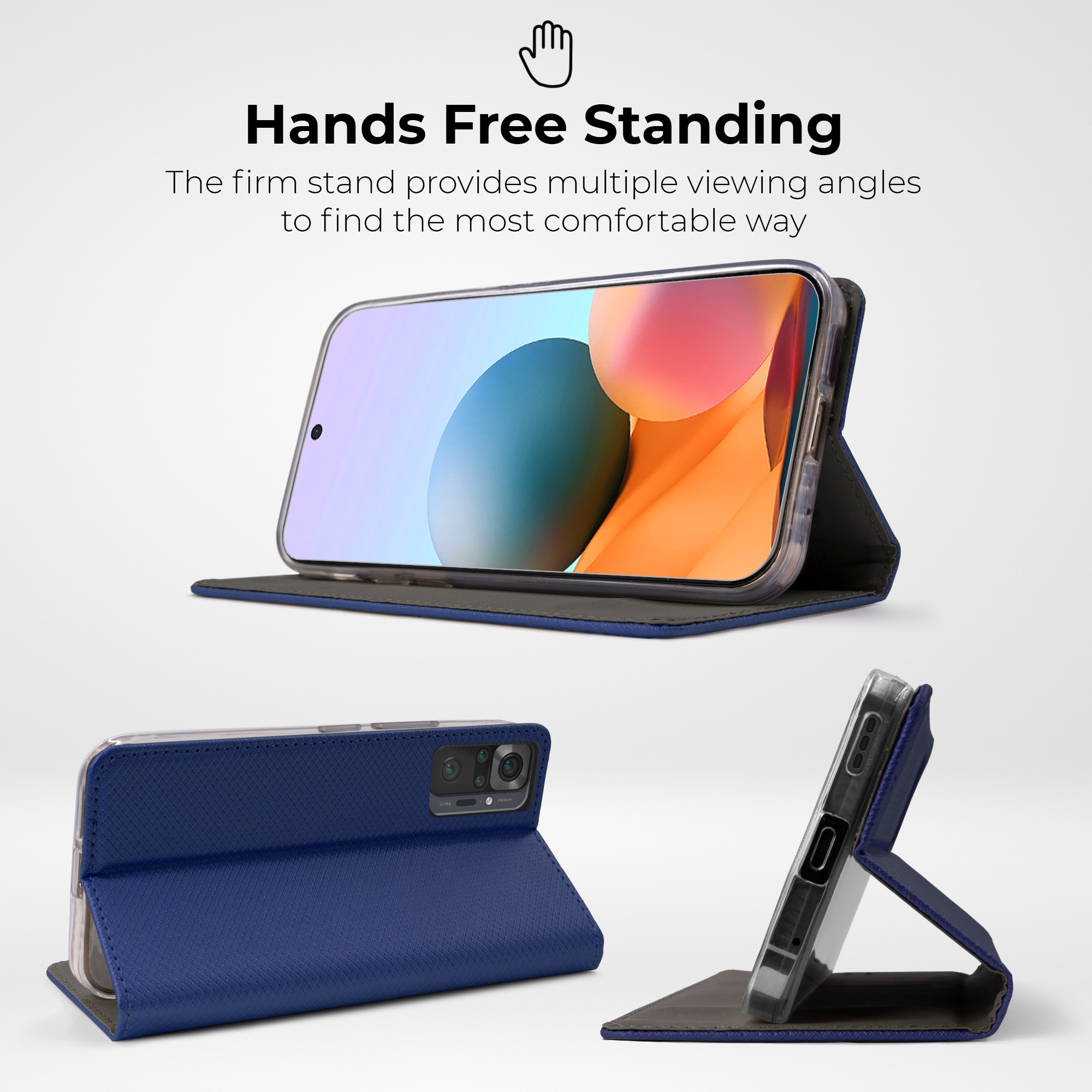 Husa pentru telefon, Moozy, Flip On, pentru Xiaomi Redmi Note 10 Pro, Xiaomi Redmi Note 10 Pro Max, Albastru inchis, Piele ecologica