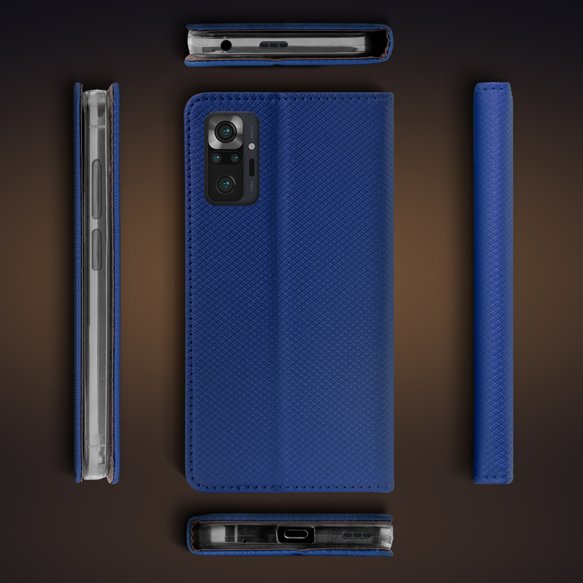 Husa pentru telefon, Moozy, Flip On, pentru Xiaomi Redmi Note 10 Pro, Xiaomi Redmi Note 10 Pro Max, Albastru inchis, Piele ecologica