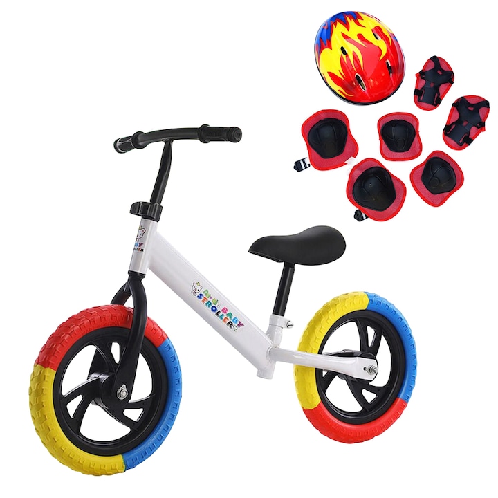 Set Bicicleta de echilibru pentru incepatori, Fara pedale, Pentru copii intre 2 si 5 ani, Alba, Echipament protectie