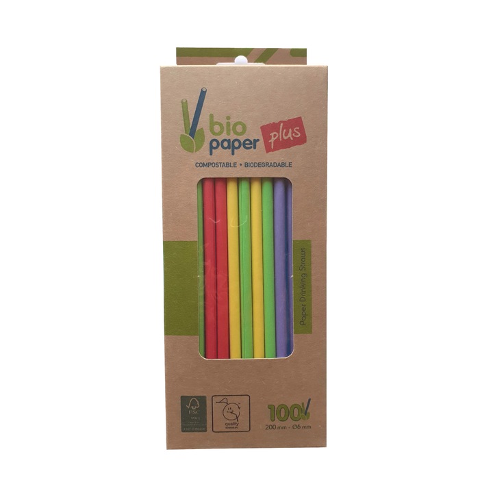 Set 100 paie drepte hartie mix color, biodegradabile si compostabile, 200xØ6mm, Bioco