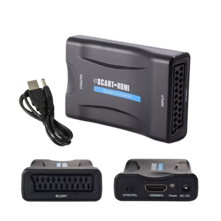 Adaptor Scart la HDMI, Full HD, convertor euroscart analog la hdmi digital cu mufa video si sunet audio mama, cablu alimentare USB 5V