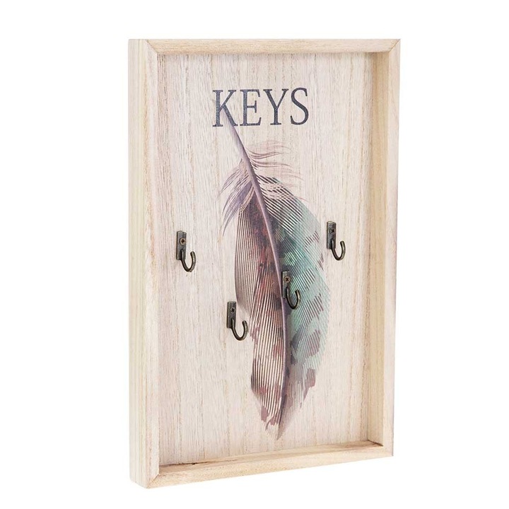 Закачалка за ключове, 30 x 20 x 2.7 cm, С принт перо, MDF, 4 кукички