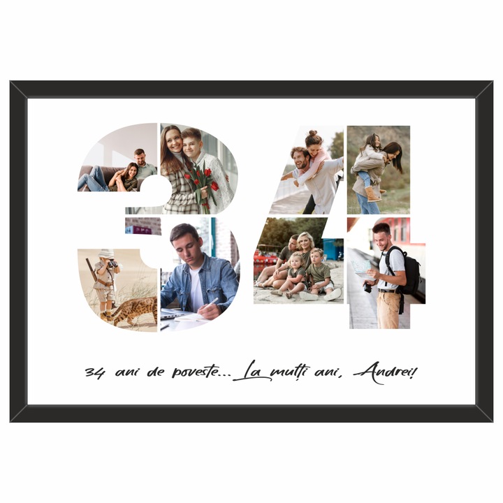 Tablou personalizat, fotografie si text, din lemn, Priti Global, cadou aniversare 34 ani, Negru, A3, 30 x 42 cm