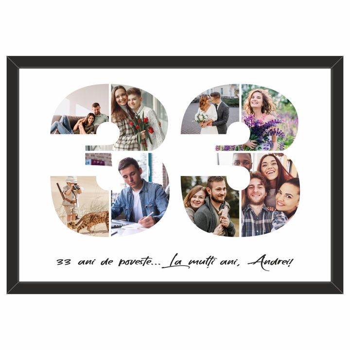 Tablou personalizat, fotografie si text, din lemn, Priti Global, cadou aniversare 33 ani, Negru, A3, 30 x 42 cm