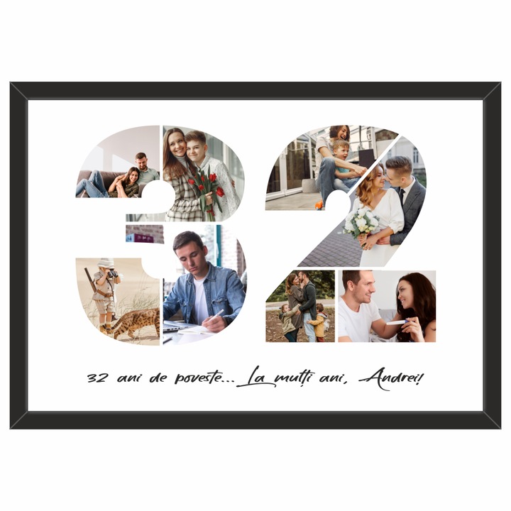 Tablou personalizat, fotografie si text, din lemn, Priti Global, cadou aniversare 32 ani, Negru, A3, 30 x 42 cm