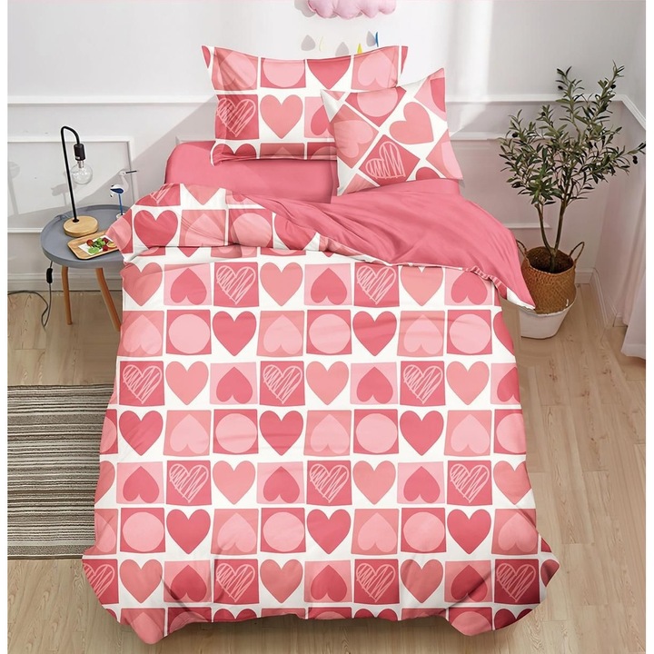 Комплект изящно спално бельо с ластик, чаршаф, плик за завивка, 2 калъфки за възглавница, за легло 140х200 см, розово и бяло