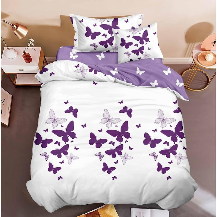 Комплект изящно спално бельо с ластик, чаршаф, плик за завивка, 2 калъфки за възглавница, за легло 140x200 см, лилаво бял