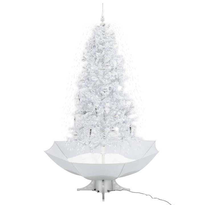 Brad artificial de Craciun cu ninsoare si baza umbrela, vidaXL, PVC, 190 cm, beculete si zapada artificiala, Alb