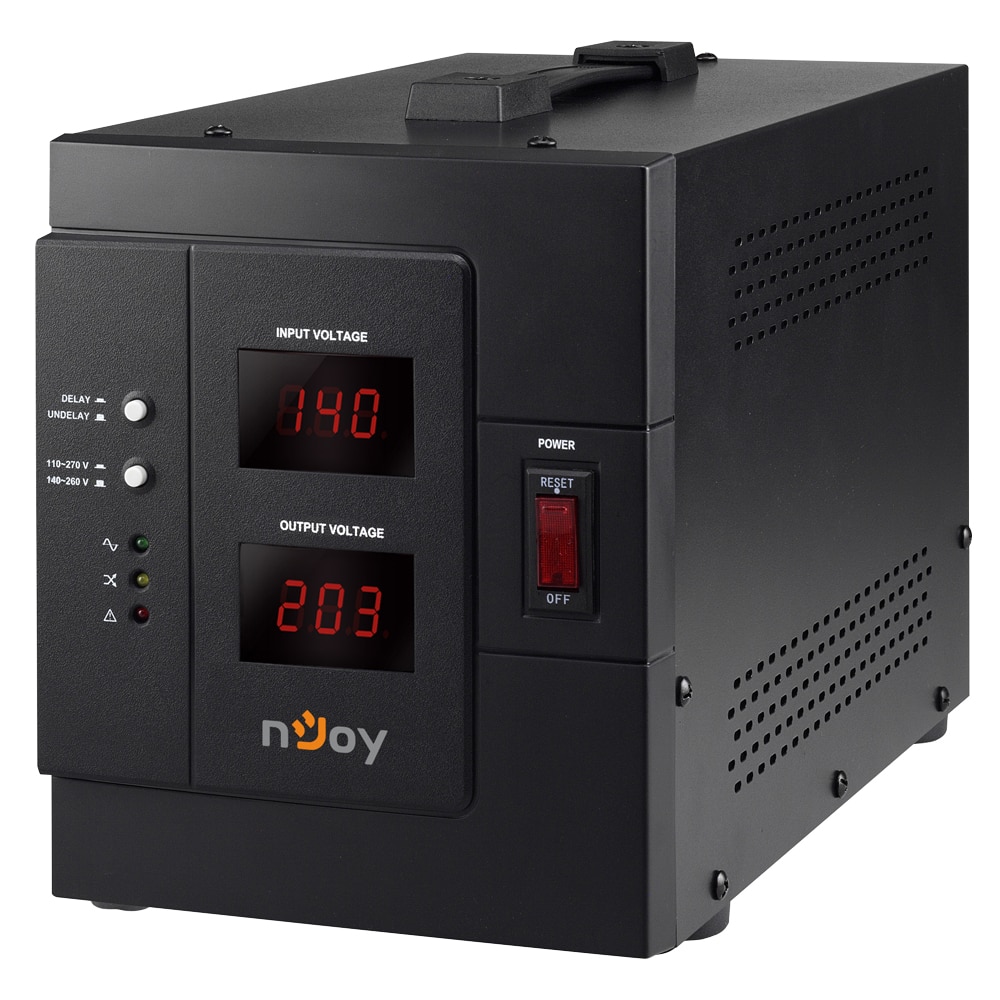 AVR nJoy Akin 3000, 3000VA/2400W, cu releu, LCD Display, functie de intarziere la pornire, functie de selectie a tensiunii, 1 priza Schuko si 1 priza IEC 19