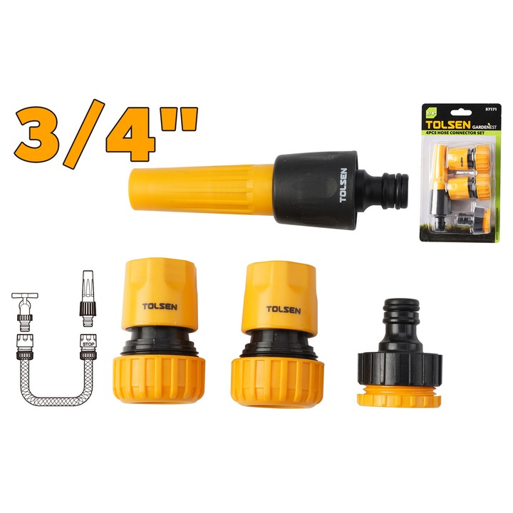 Set conectare furtun gradina GARDENEST by TOLSEN 3/4 inch complet cu adaptor robinet, mufa simpla, mufa cu opritor si stut duza reglabila, material PP si ABS rezistent, compatibil universal cu furtunuri standard de gradina, ideal pentru irigare