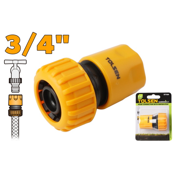 Conector rapid GARDENEST by TOLSEN 3/4 inch din plastic PP si ABS rezistent, pentru furtun gradina, cuplare usoara si sigura a accesoriilor de irigare, compatibil universal cu pistol, aspersor si duze standard, montare rapida fara scule